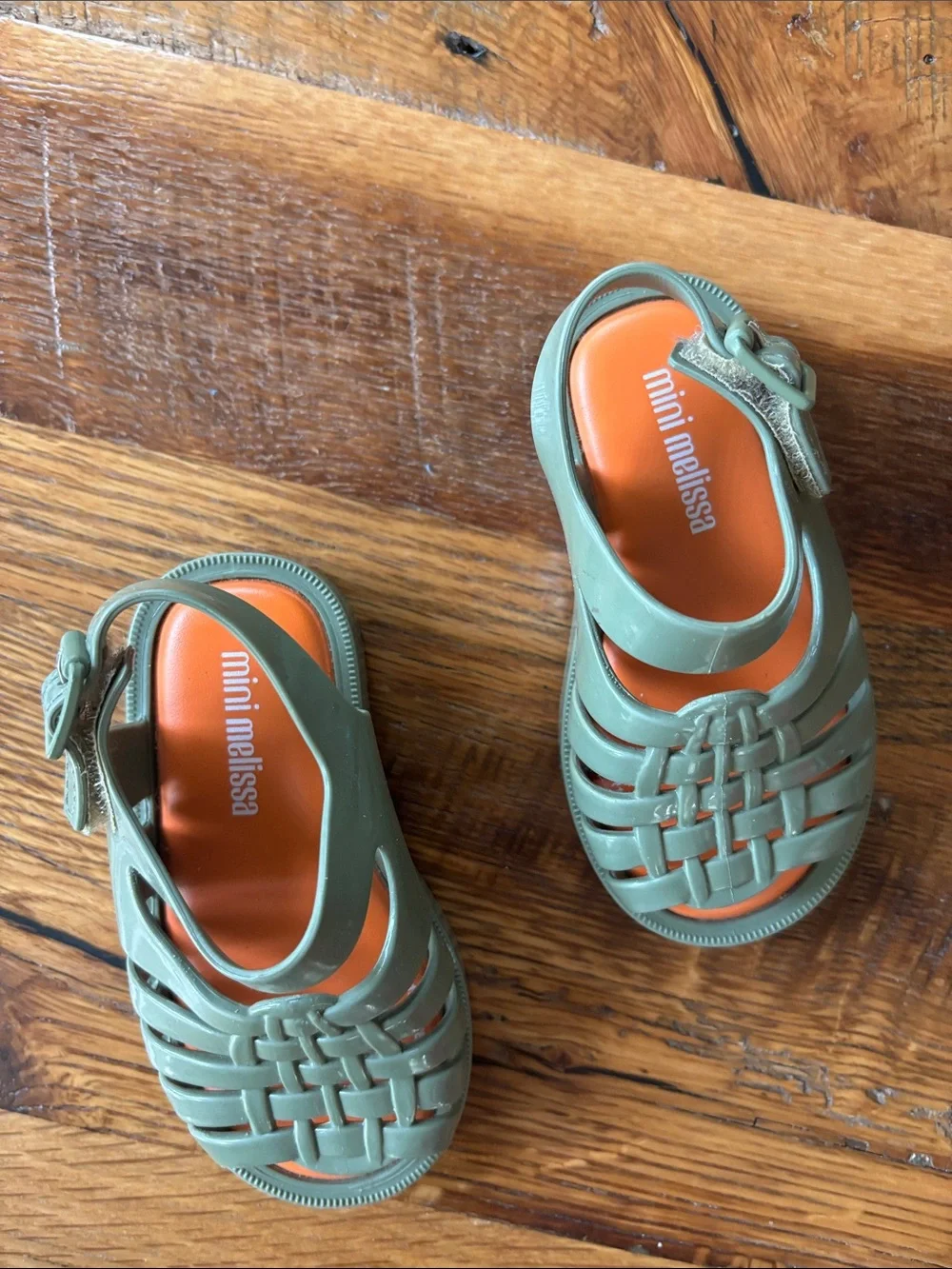 Mini Melissa Olive Green Jelly Sandals with Orange Footbed size 6